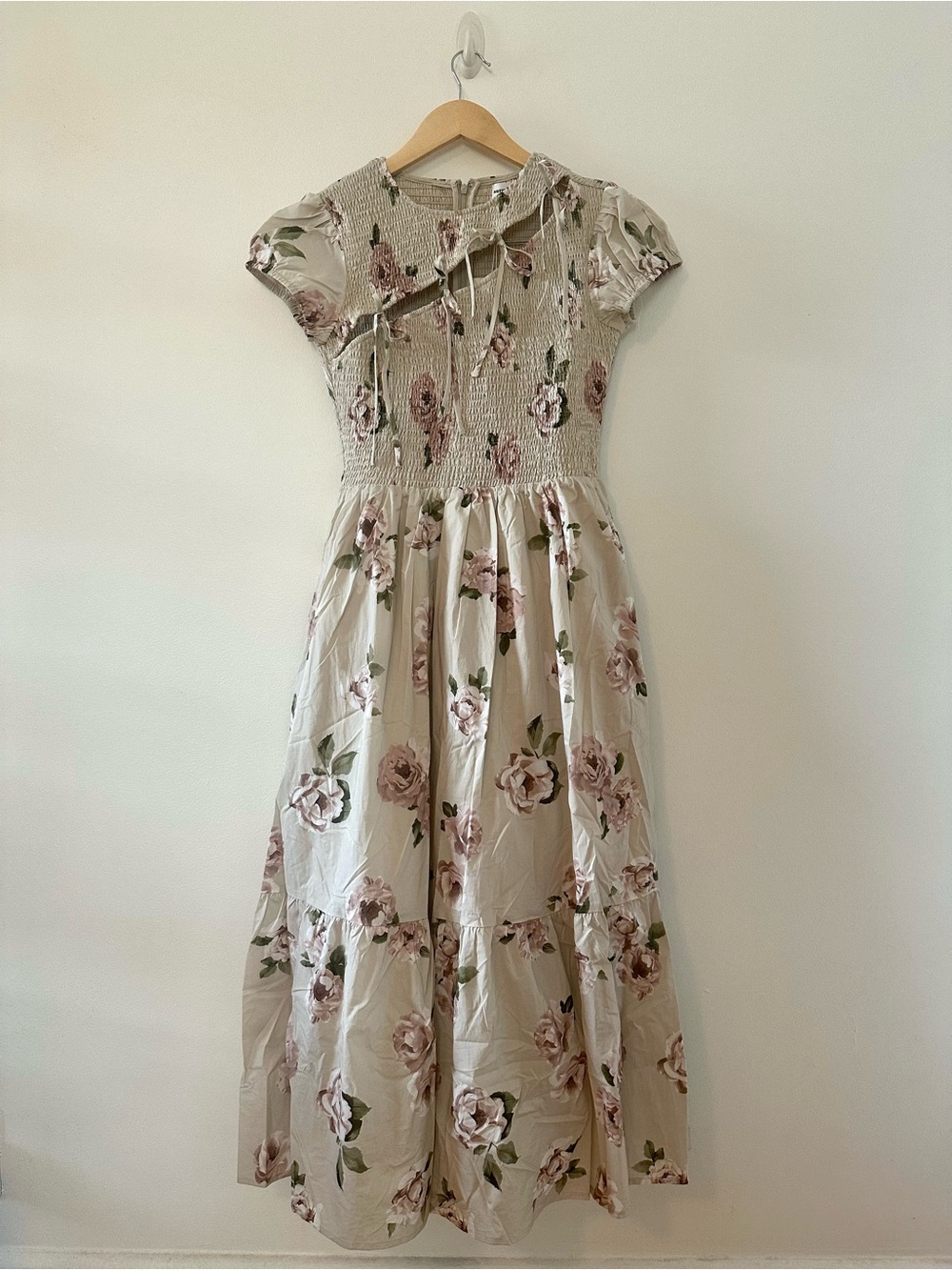 Neuflora Style Cotton Floral Midi Dress with Smocked Bodice